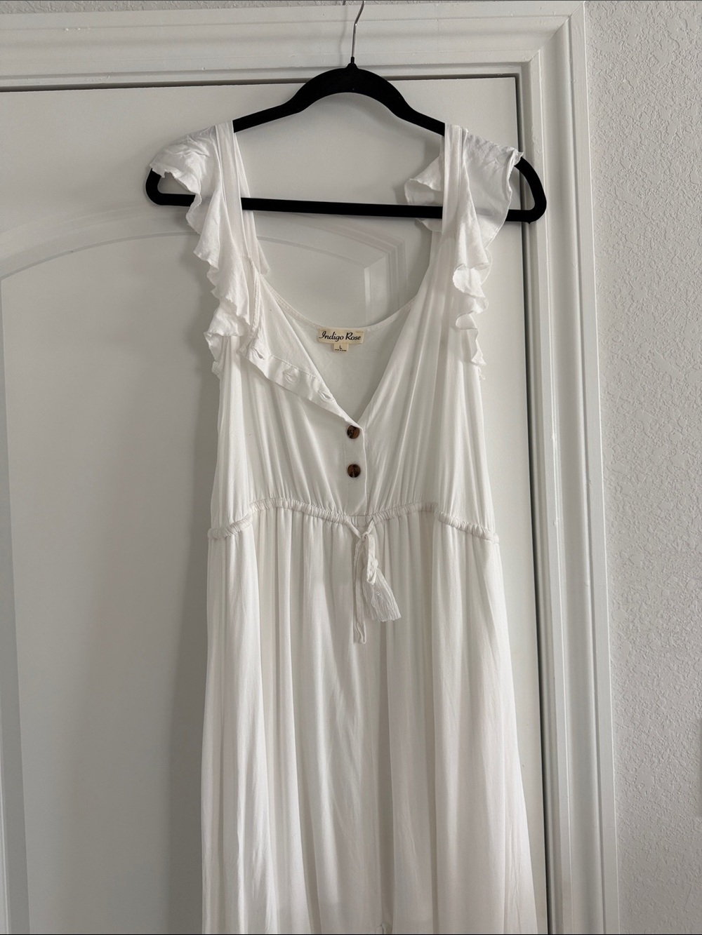 Indigo Rose White Ruffled Maxi Dress with Tassel Tie